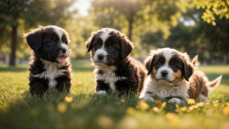 a group of puppies of different breeds playing together in a sunny park.