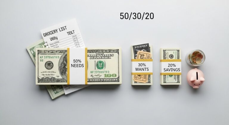 Illustration of the 50/30/20 personal finance budgeting rule showing needs, wants, and savings