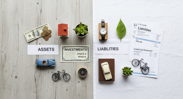 Personal finance illustration showing assets vs liabilities with house, car, cash and bills
