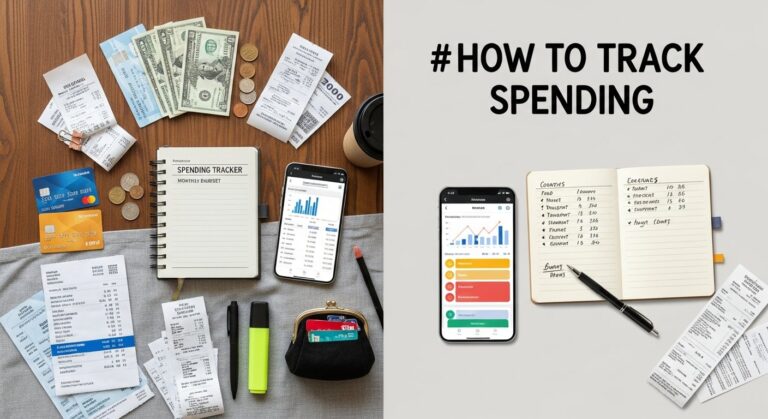 Illustration of a person tracking personal spending on a smartphone with receipts and charts