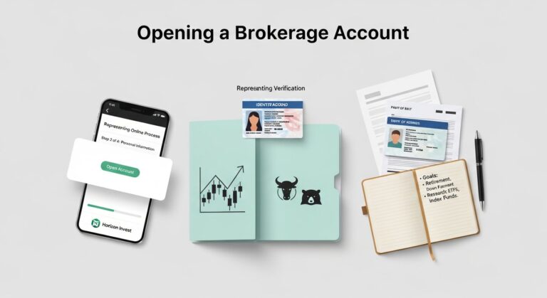 Illustration of a person opening a brokerage account on a laptop for a personal finance article